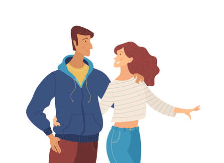 Friends, embracing man and woman flat vector illustration. Young couple, boyfriend and girlfriend. Smiling people, happy guy and girl cartoon characters isolated on white backgroundのイラスト素材