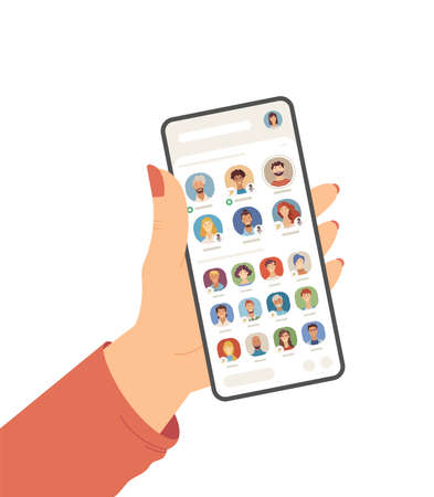 Female hand holding cell phone with Clubhouse app on screen flat vector illustration. Interface of new audio social network. Diversity of speakers and listeners cartoon avatars. Online topicsのイラスト素材