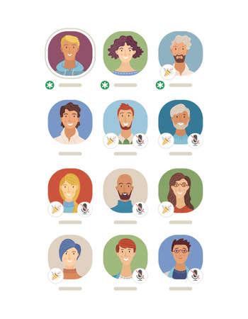 Interface of Clubhouse app vector template. Women and men flat avatars. Audio chat conversation. Voice social networking application. Podcast, online live stream. Diversity of speakers and listenersのイラスト素材