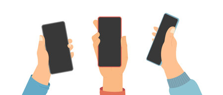 Set of hands holding cell phones with black screens flat vector illustration isolated on white background. Men and women hands cartoon design. Mockup for mobile applicationsのイラスト素材
