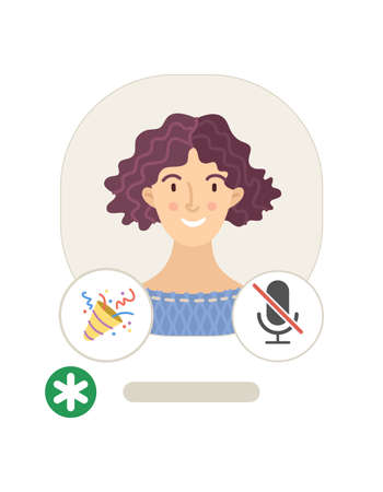 Woman profile in Clubhouse mobile app flat vector illustration. Cartoon avatar with moderator and microphone icons isolated on white background. Voice message. Audio social network. Online chattingのイラスト素材