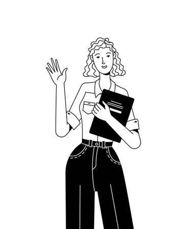 Young woman in office clothes holding documents and welcoming linear vector illustrationのイラスト素材