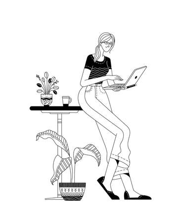 Young woman standing and working at her laptop linear vector iullustrationのイラスト素材