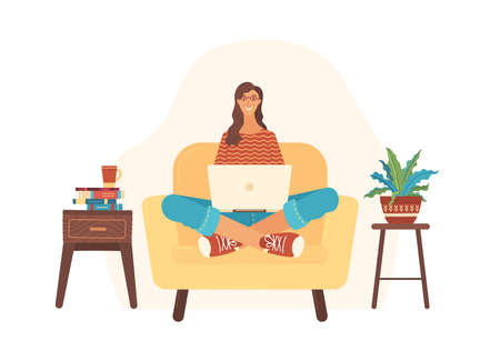 Happy woman working on her laptop at home flat vector illustrationのイラスト素材