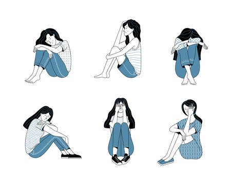 Set of female characters suffering from depression on whiteのイラスト素材