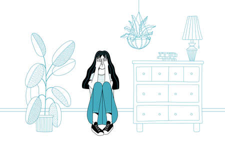 Crying young woman sitting on floor in room and hiding face by palmsのイラスト素材