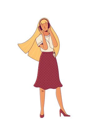 Smiling young girl with long blonde hair listening to music with headphonesのイラスト素材