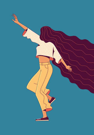Female character with loose hair in yellow pants on blueのイラスト素材