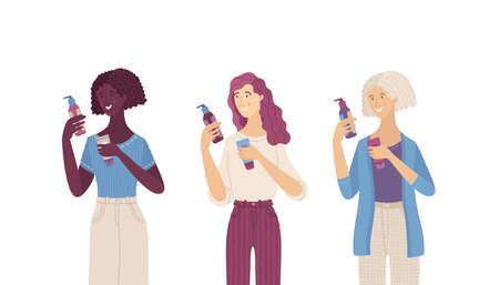 Three woman choosing natural eco-friendly skincare cosmetics vector cartoon clipartのイラスト素材