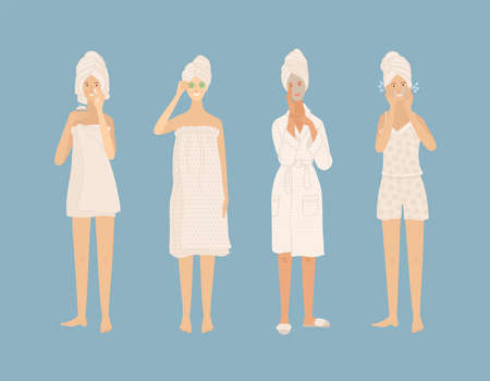 Young women wearing towel, pajama, and bathrobe take care of their skinのイラスト素材