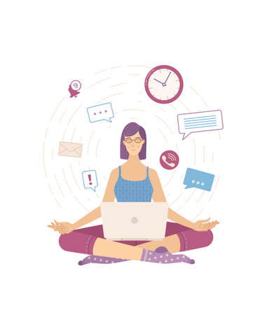 Young calm woman sitting in the lotus pose and relaxing flat vector illustrationのイラスト素材