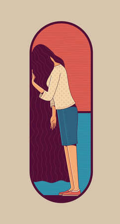 Stressed woman standing inside pill on beige backgroundのイラスト素材