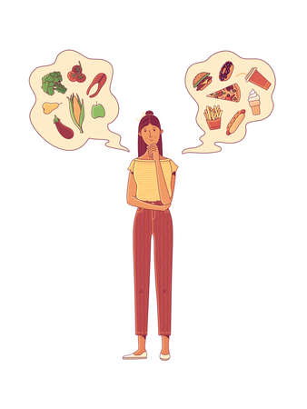 Young woman choosing between healthy fresh food and unhealthy fast food flat cartoon vector illustrationのイラスト素材