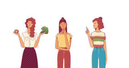 Women comparing, thinking, and pointing vector cartoon illustrationのイラスト素材