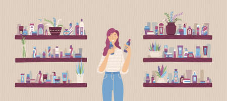 Young woman holding cosmetic bottles in her hands in-storeのイラスト素材