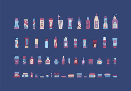 Cartoon vector shampoo, cream and lotion, scrub and perfume, soap and moisturizer collectionのイラスト素材