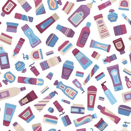 Cartoon shampoo, cream, lotion, scrub, perfume, soap, moisturizer seamless patternのイラスト素材