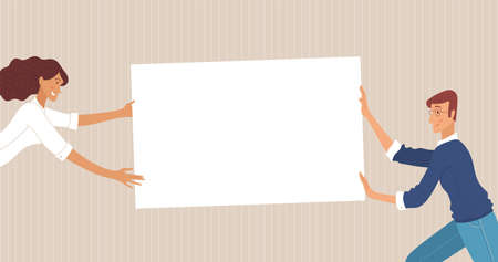 Businessman and businesswoman holding empty border together vector illustrationのイラスト素材