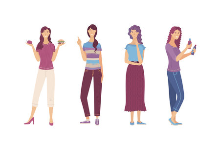 Young woman comparing skincare beauty products flat vector illustartionのイラスト素材