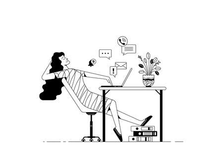 Thoughtful woman keep on procrastinating her work linear black and white illustrationのイラスト素材