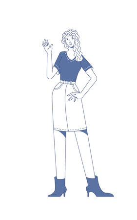 Smiling woman in casual clothes waving hello linear vector illustrationのイラスト素材