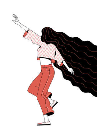 Active young girl with long black flowing hair in red pants dancing in good mood vector illustrationのイラスト素材