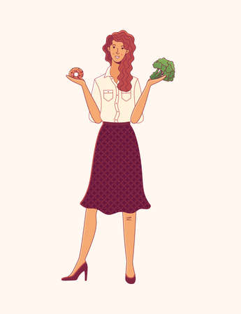 Young woman choosing between donut and broccoli cartoon illustrationのイラスト素材