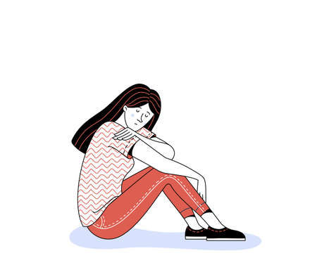Sad young lady sitting on white background at depressionのイラスト素材