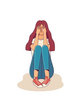 Unhappy girl sitting and hiding face by palmsのイラスト素材