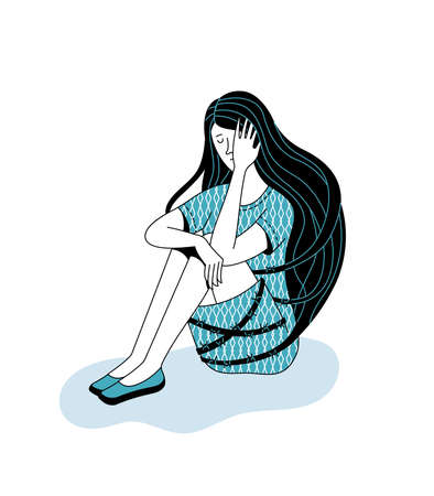 Crying young girl tied with barbed wire from her flowing hairのイラスト素材