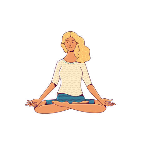 Restful blonde woman sitting in lotus pose and relaxing on white backgroundのイラスト素材