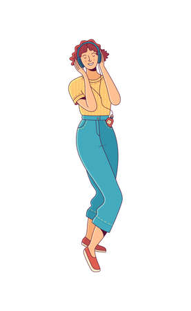 Cheerful young woman with short red hair listening to music in headphones and dancingのイラスト素材