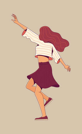Happy girl dancing and enjoying life on color backgroundのイラスト素材