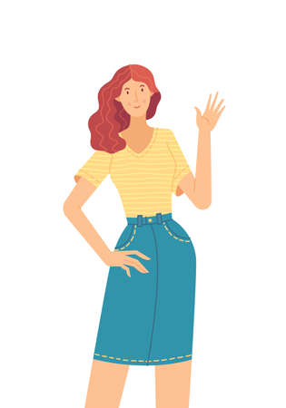 Smiling redhead girl waving hello flat vector illustrationのイラスト素材