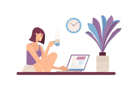 Young woman learning online at home flat vector illustrationのイラスト素材