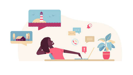 Woman working on laptop and dreaming of vacation flat vector illustrationのイラスト素材