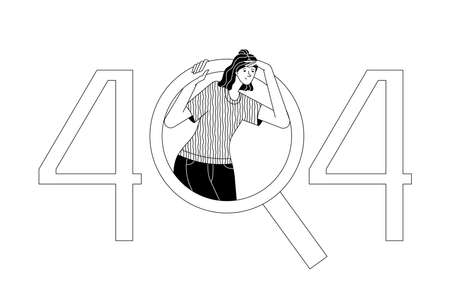 Young woman in 404 error sign linear black and white onboarding illustrationのイラスト素材