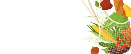 Veggies in mesh shopping bag flat vector illustrationのイラスト素材