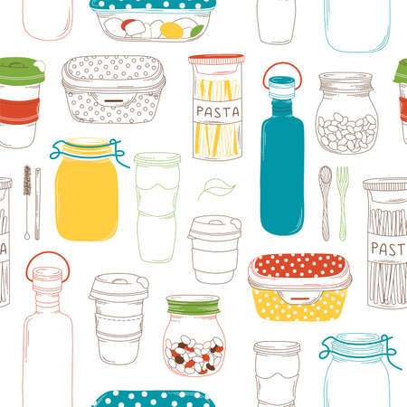 Recyclable kitchen containers linear vector seamless patternのイラスト素材