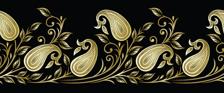 Seamless vector paisley border with leavesのイラスト素材