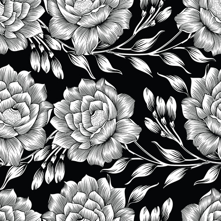 Seamless black and white rose flower patternのイラスト素材