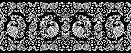 Seamless traditional indian black and white peacock borderのイラスト素材