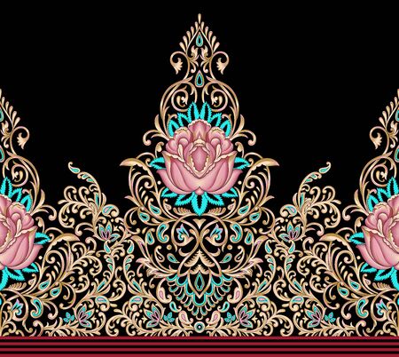 Seamless vintage floral border on black backgroundの写真素材