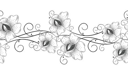 Seamless black and white fancy floral borderのイラスト素材