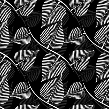Seamless black and white vector leaves patternのイラスト素材