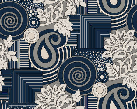 Seamless vintage floral pattern with geometrical shapes