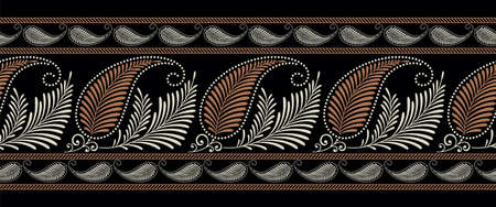 Seamless paisley border with leaves on black background