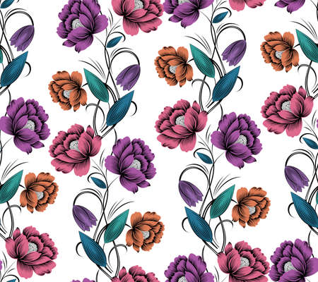 Vector colorful textile floral pattern on white background