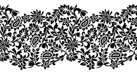 Seamless black and white floral border with paisley designのイラスト素材