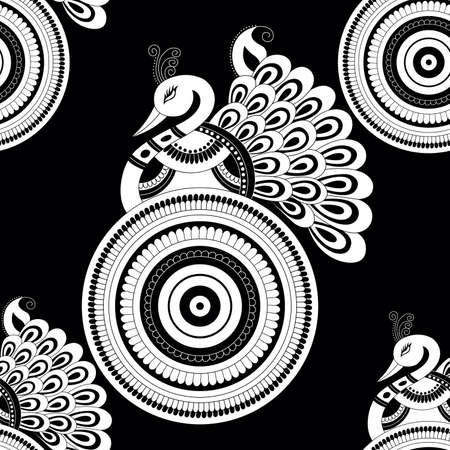 Seamless black and white traditional Asian peacock pattern designのイラスト素材